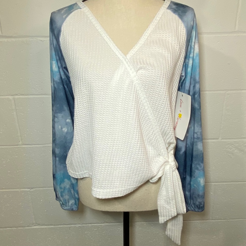 Love + Harmony White Waffle Pattern & Blue Tie Dyed Long Sleeve Side Tie Blouse